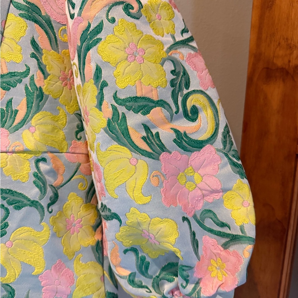 Floral Brocade Puff-Sleeve Mini Dress in Pastel Yellow & Pink - Picture 7 of 8